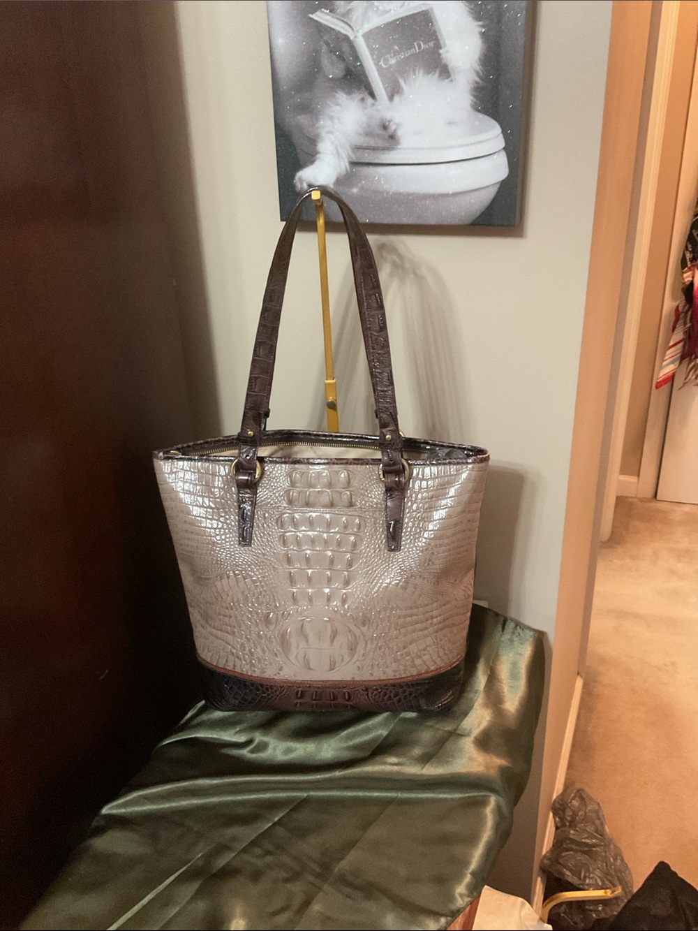 Brahmin Asher Taupe Croc-Embossed Tote with Dark Brown Trim and Gold Accents - Picture 2 of 12